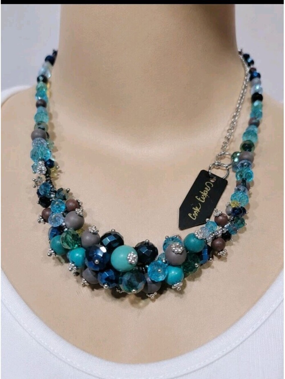 Cookie Lee Turquoise Blue Beaded Cluster Statement Necklace Silver-Tone NWT